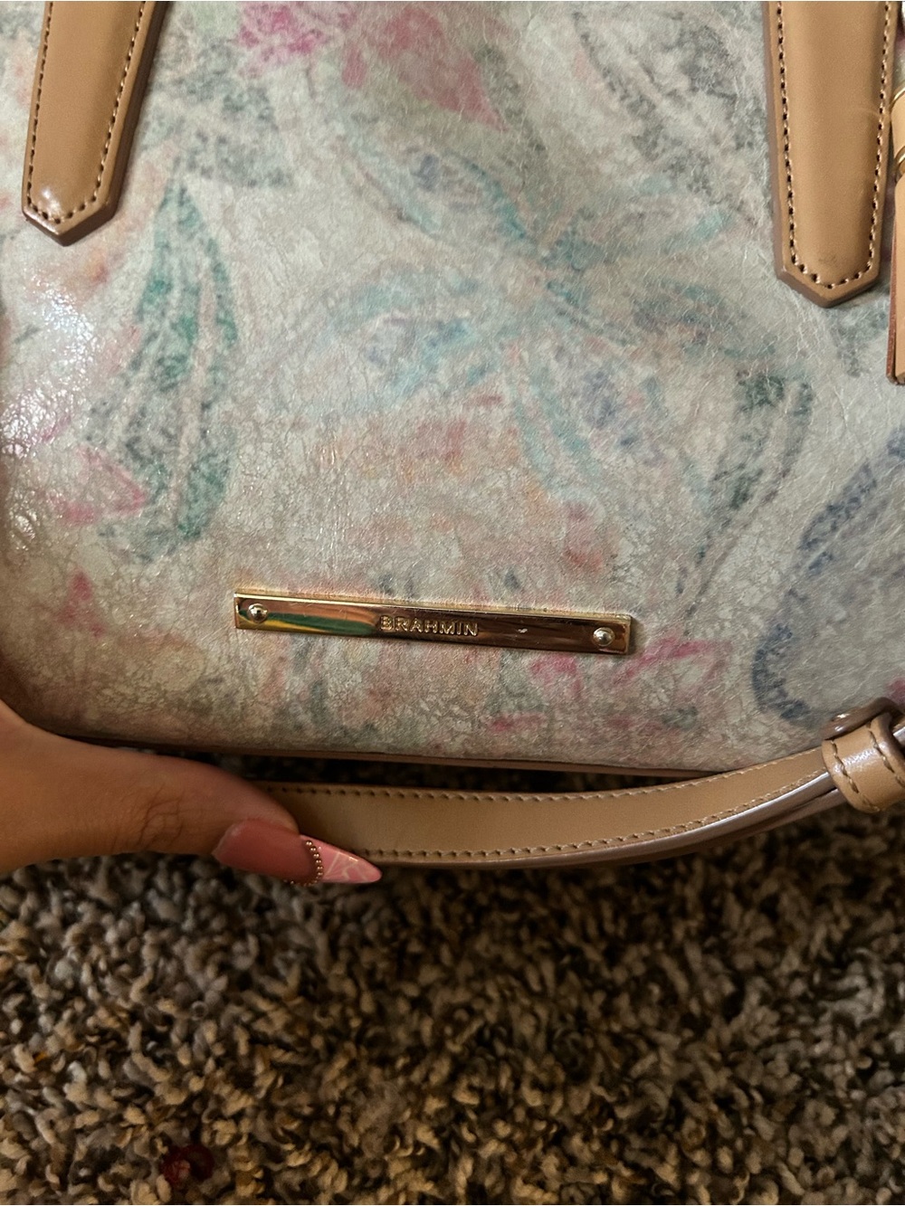 Brahmin Floral Print Crème Talitha Mini Asher Tote Bag with Tan Leather Trim - Picture 4 of 8